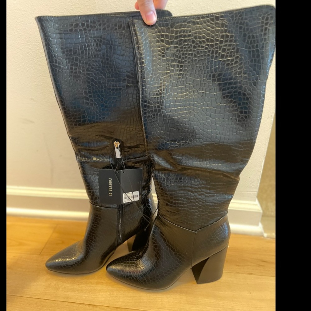 Black Snake Skin Knee High Boots